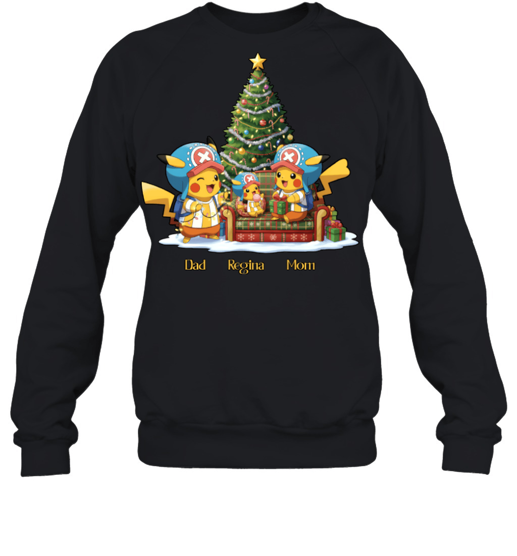 Pikachu x Chopper Parents & Daughter Custom Name Christmas T-Shirt for Family