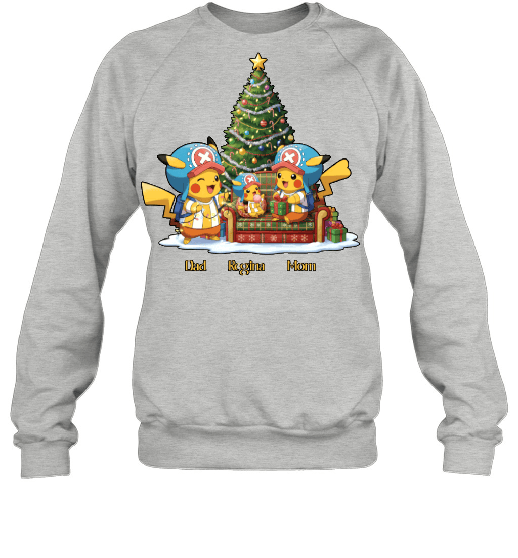 Pikachu x Chopper Parents & Daughter Custom Name Christmas T-Shirt for Family