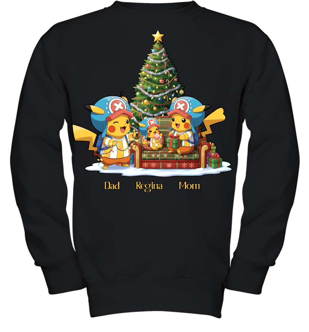Pikachu x Chopper Parents & Daughter Custom Name Christmas T-Shirt for Family