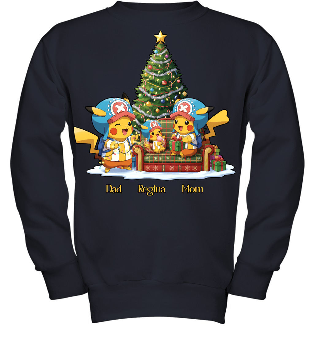 Pikachu x Chopper Parents & Daughter Custom Name Christmas T-Shirt for Family