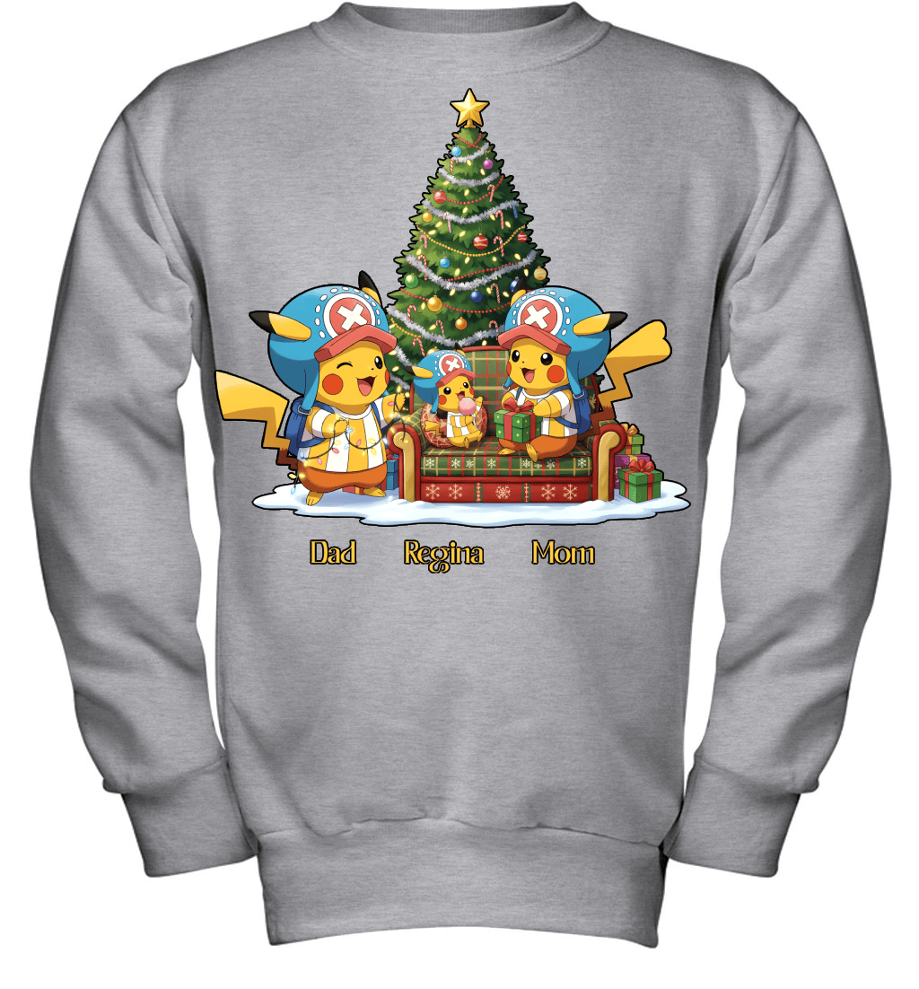 Pikachu x Chopper Parents & Daughter Custom Name Christmas T-Shirt for Family