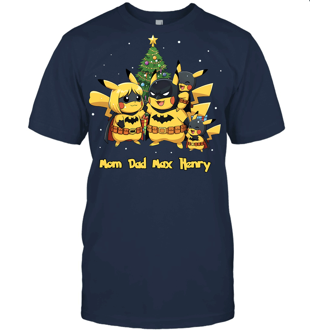 Pikachu x Batman Christmas Family Parents And Two Sons Graphic T-shirt