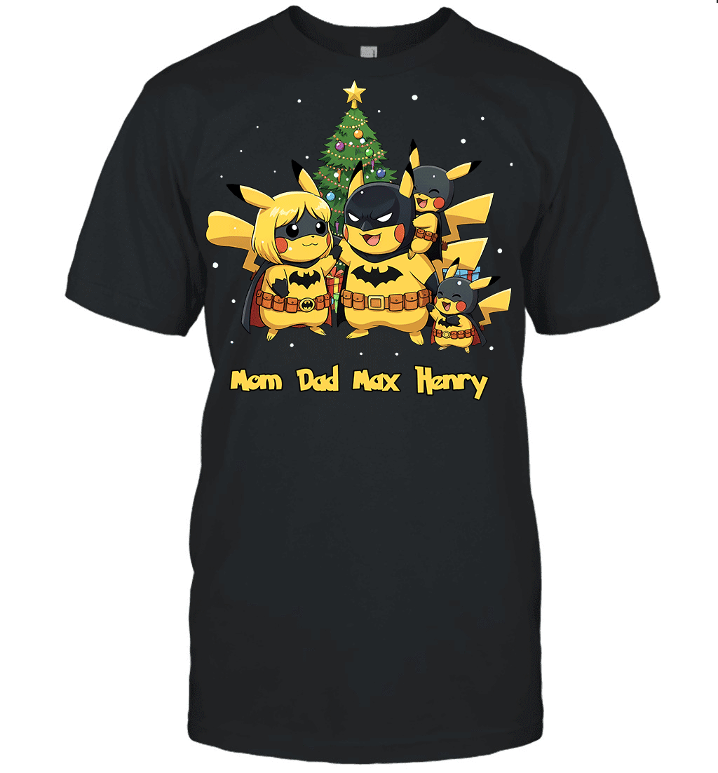 Pikachu x Batman Christmas Family Parents And Two Sons Graphic T-shirt