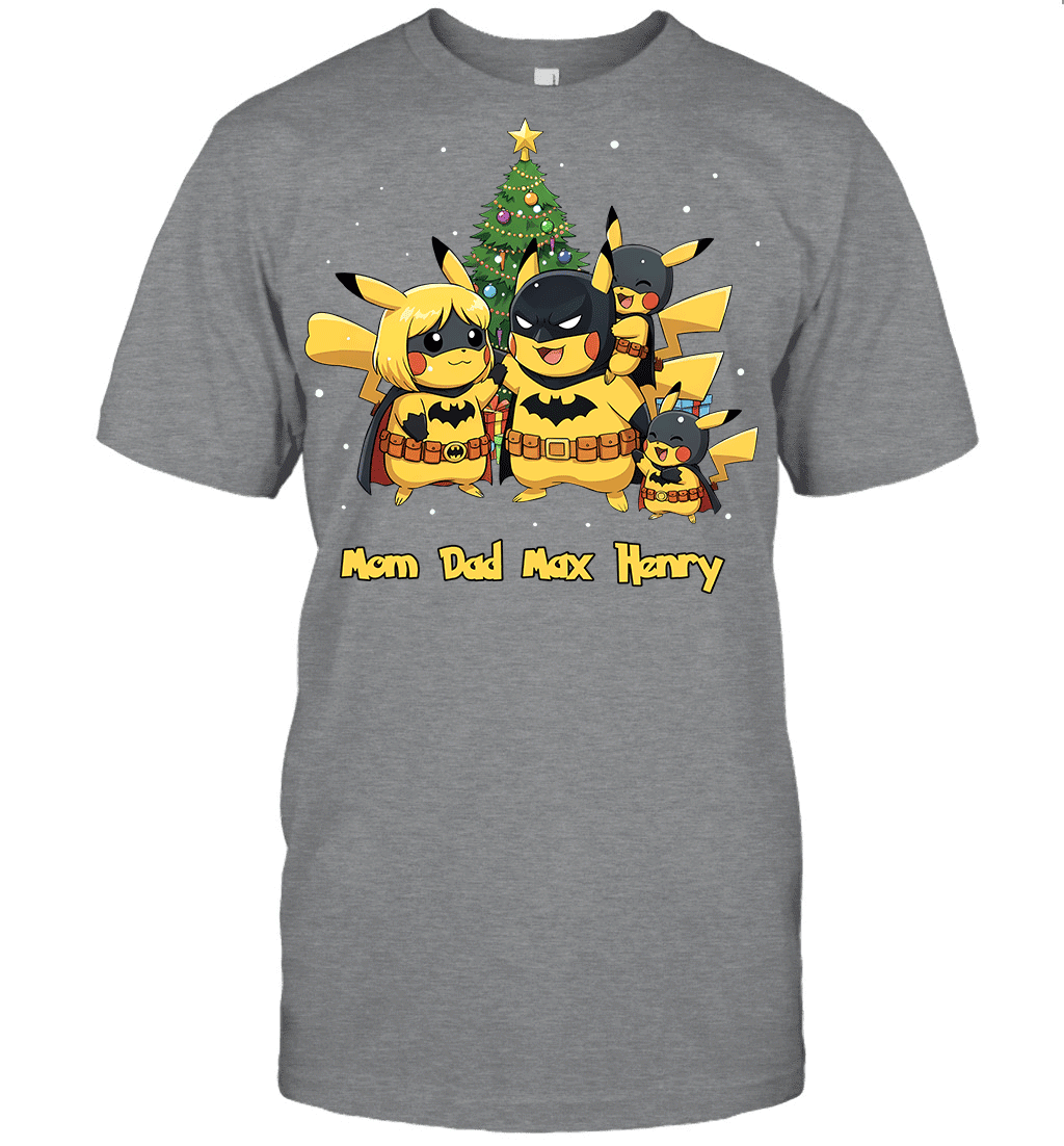 Pikachu x Batman Christmas Family Parents And Two Sons Graphic T-shirt