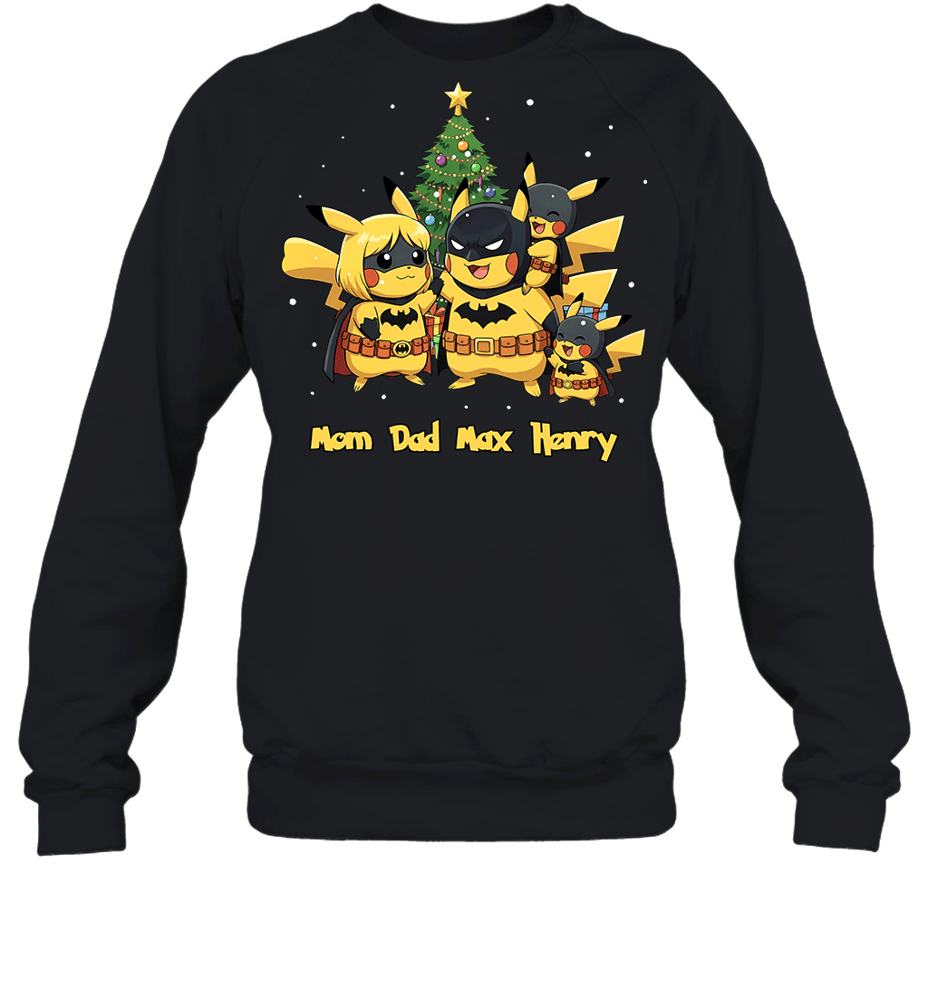 Pikachu x Batman Christmas Family Parents And Two Sons Graphic T-shirt