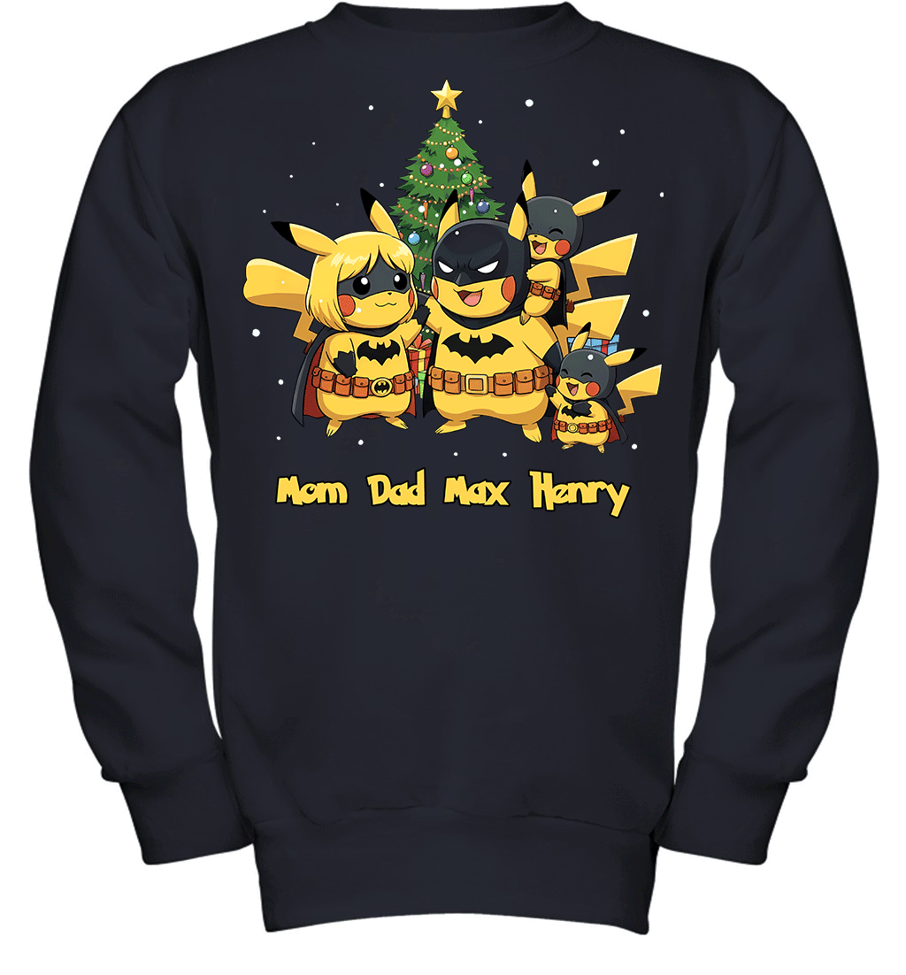 Pikachu x Batman Christmas Family Parents And Two Sons Graphic T-shirt