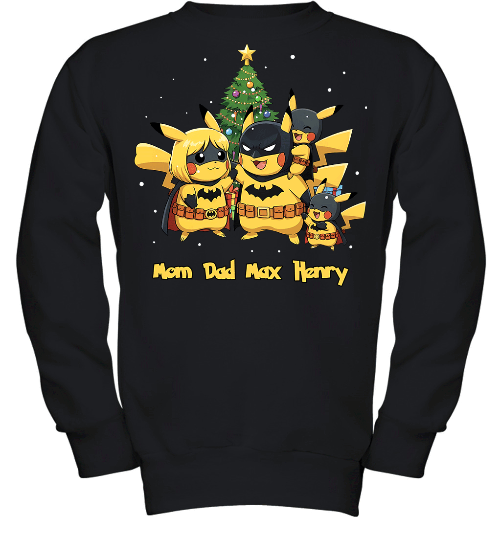 Pikachu x Batman Christmas Family Parents And Two Sons Graphic T-shirt