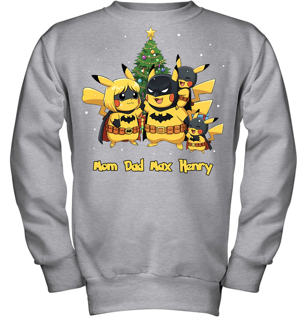 Pikachu x Batman Christmas Family Parents And Two Sons Graphic T-shirt
