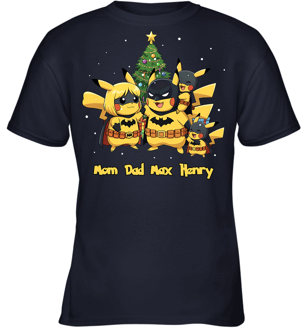 Pikachu x Batman Christmas Family Parents And Two Sons Graphic T-shirt
