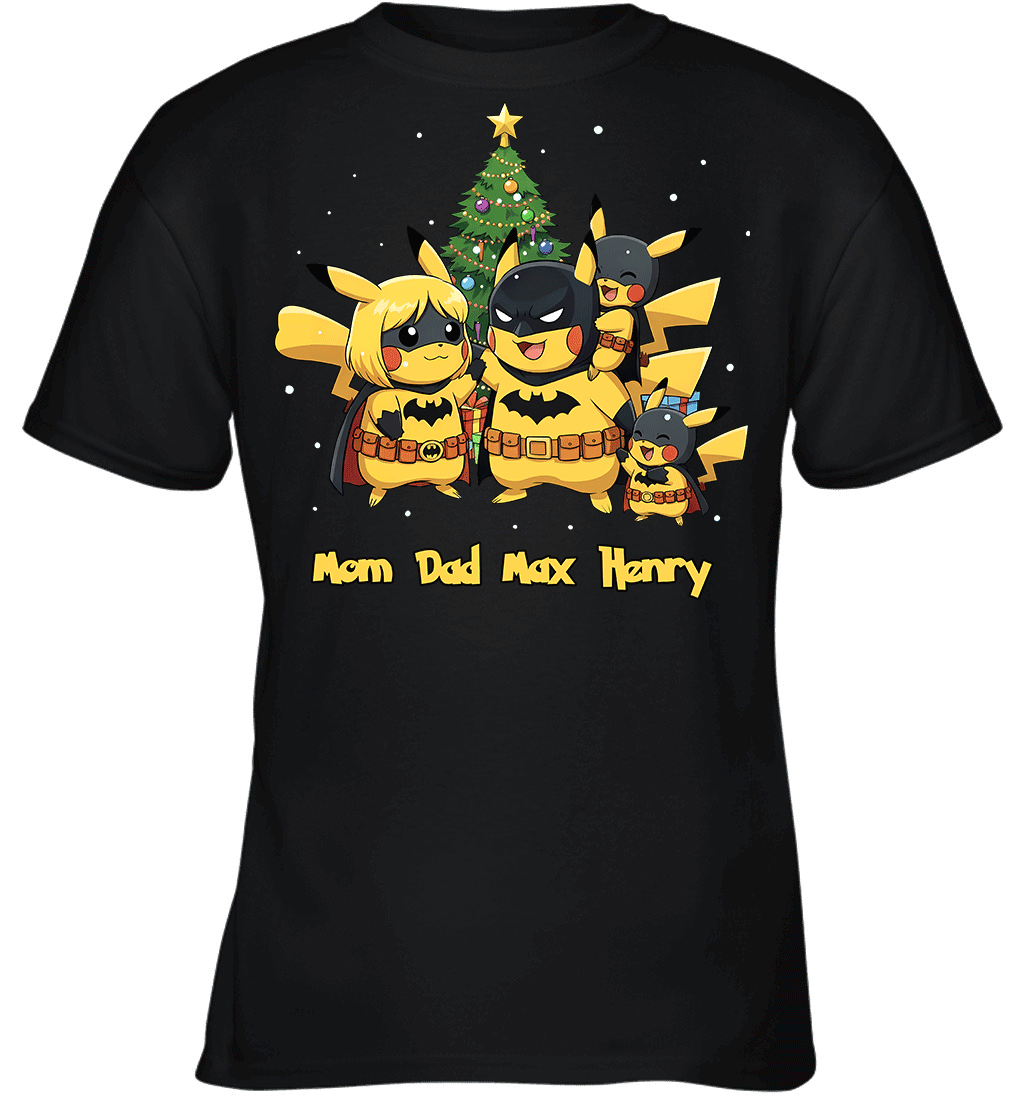 Pikachu x Batman Christmas Family Parents And Two Sons Graphic T-shirt
