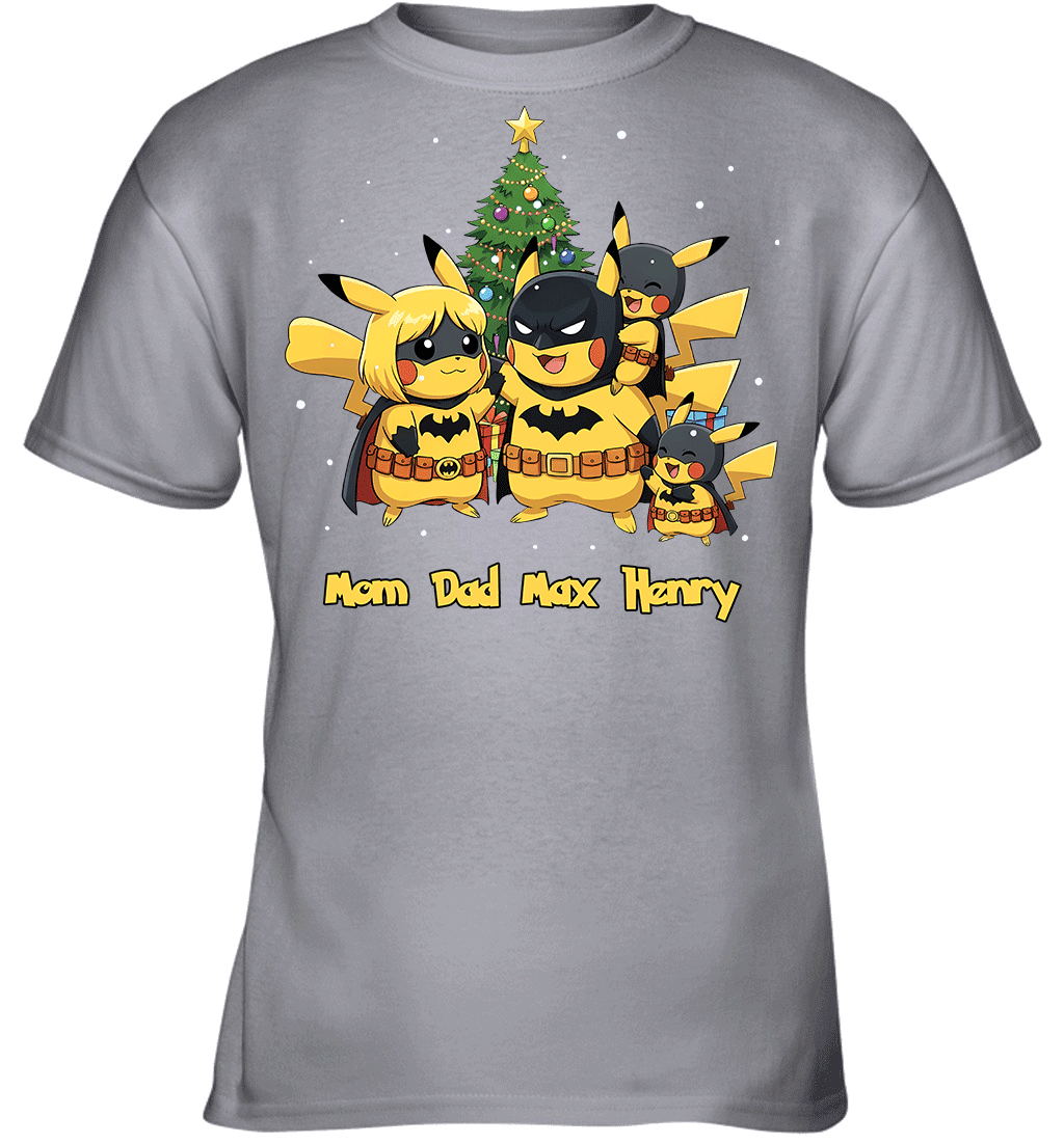 Pikachu x Batman Christmas Family Parents And Two Sons Graphic T-shirt