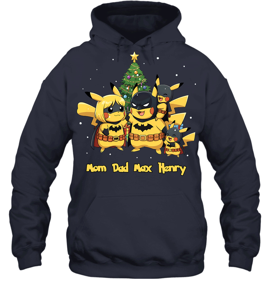 Pikachu x Batman Christmas Family Parents And Two Sons Graphic T-shirt