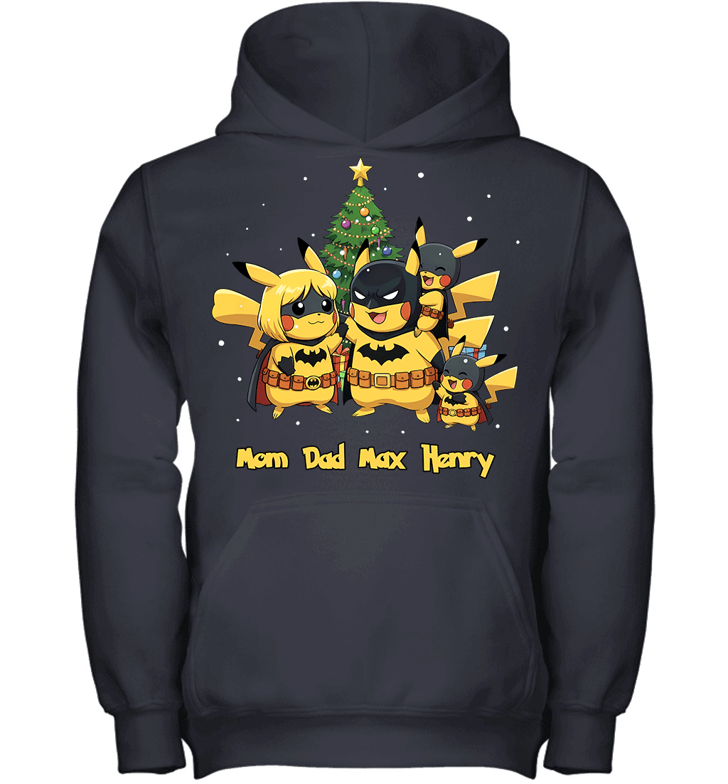 Pikachu x Batman Christmas Family Parents And Two Sons Graphic T-shirt