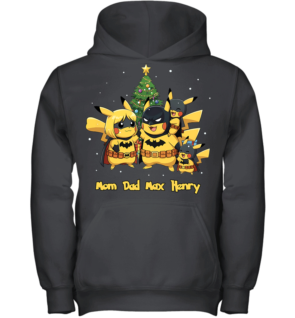 Pikachu x Batman Christmas Family Parents And Two Sons Graphic T-shirt