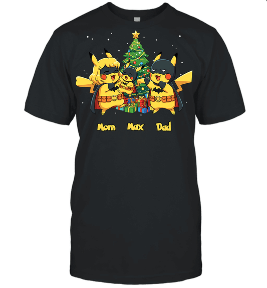 Pikachu x Batman Christmas Family Parents And Son Graphic T-shirt