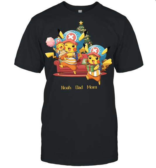 Pikachu x Chopper Parents & Son Custom Name Christmas T-Shirt for Family