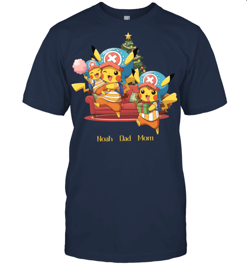 Pikachu x Chopper Parents & Son Custom Name Christmas T-Shirt for Family