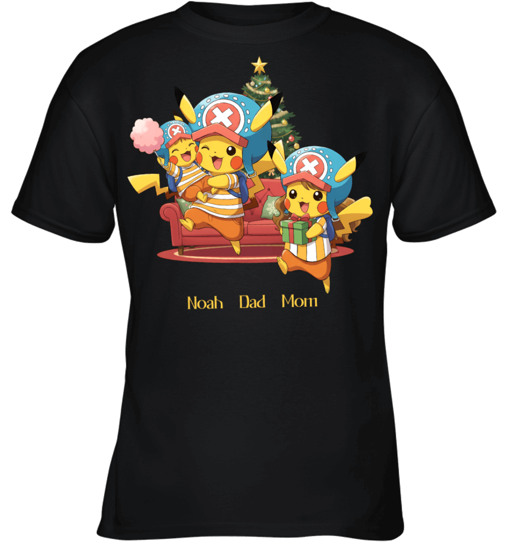Pikachu x Chopper Parents & Son Custom Name Christmas T-Shirt for Family