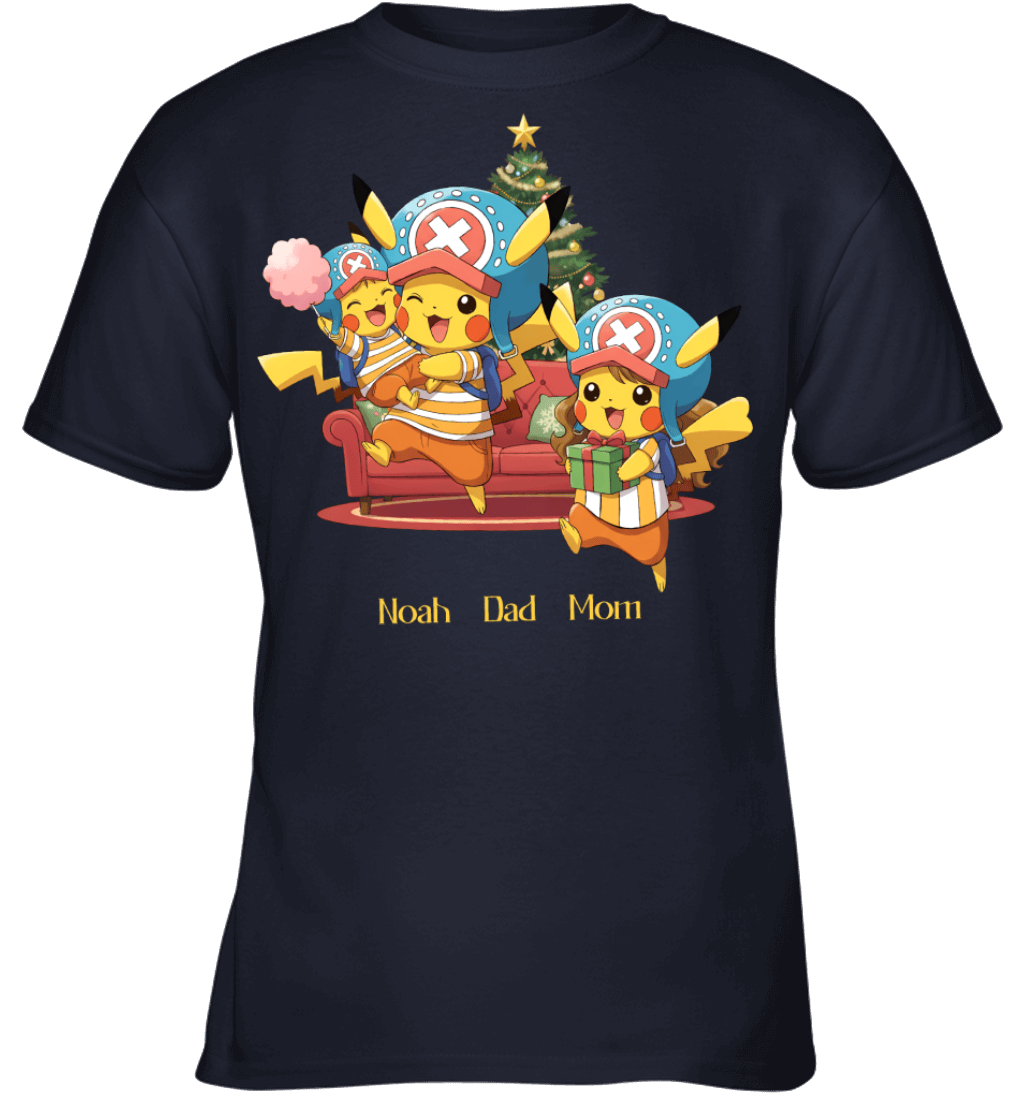 Pikachu x Chopper Parents & Son Custom Name Christmas T-Shirt for Family