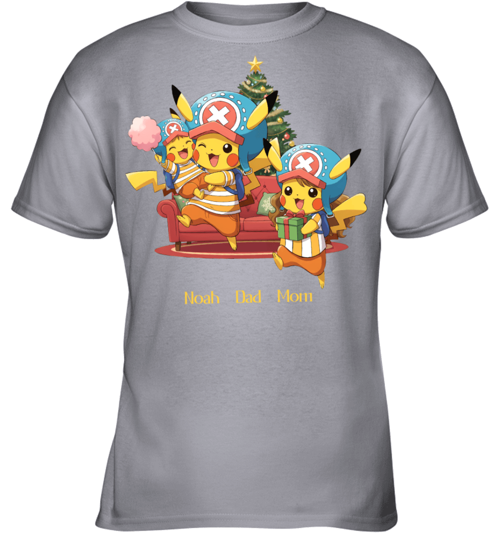 Pikachu x Chopper Parents & Son Custom Name Christmas T-Shirt for Family