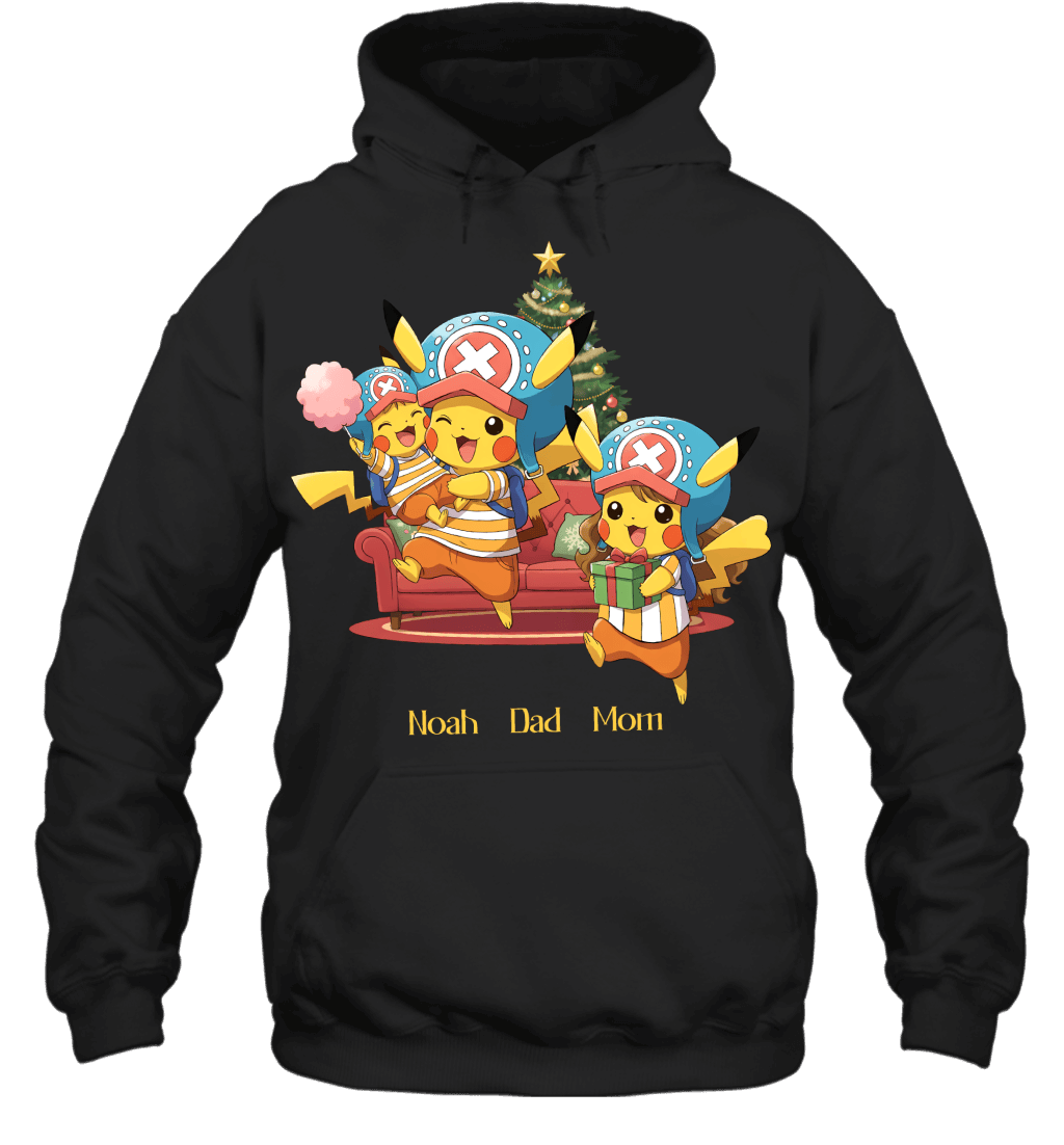 Pikachu x Chopper Parents & Son Custom Name Christmas T-Shirt for Family