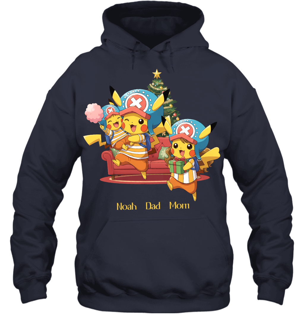 Pikachu x Chopper Parents & Son Custom Name Christmas T-Shirt for Family