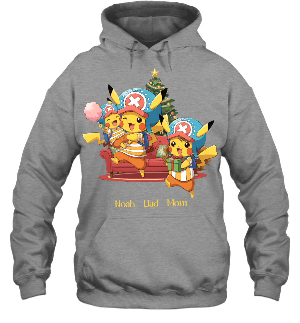 Pikachu x Chopper Parents & Son Custom Name Christmas T-Shirt for Family