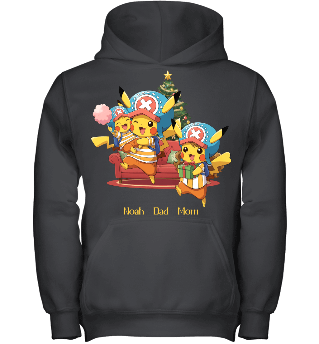 Pikachu x Chopper Parents & Son Custom Name Christmas T-Shirt for Family