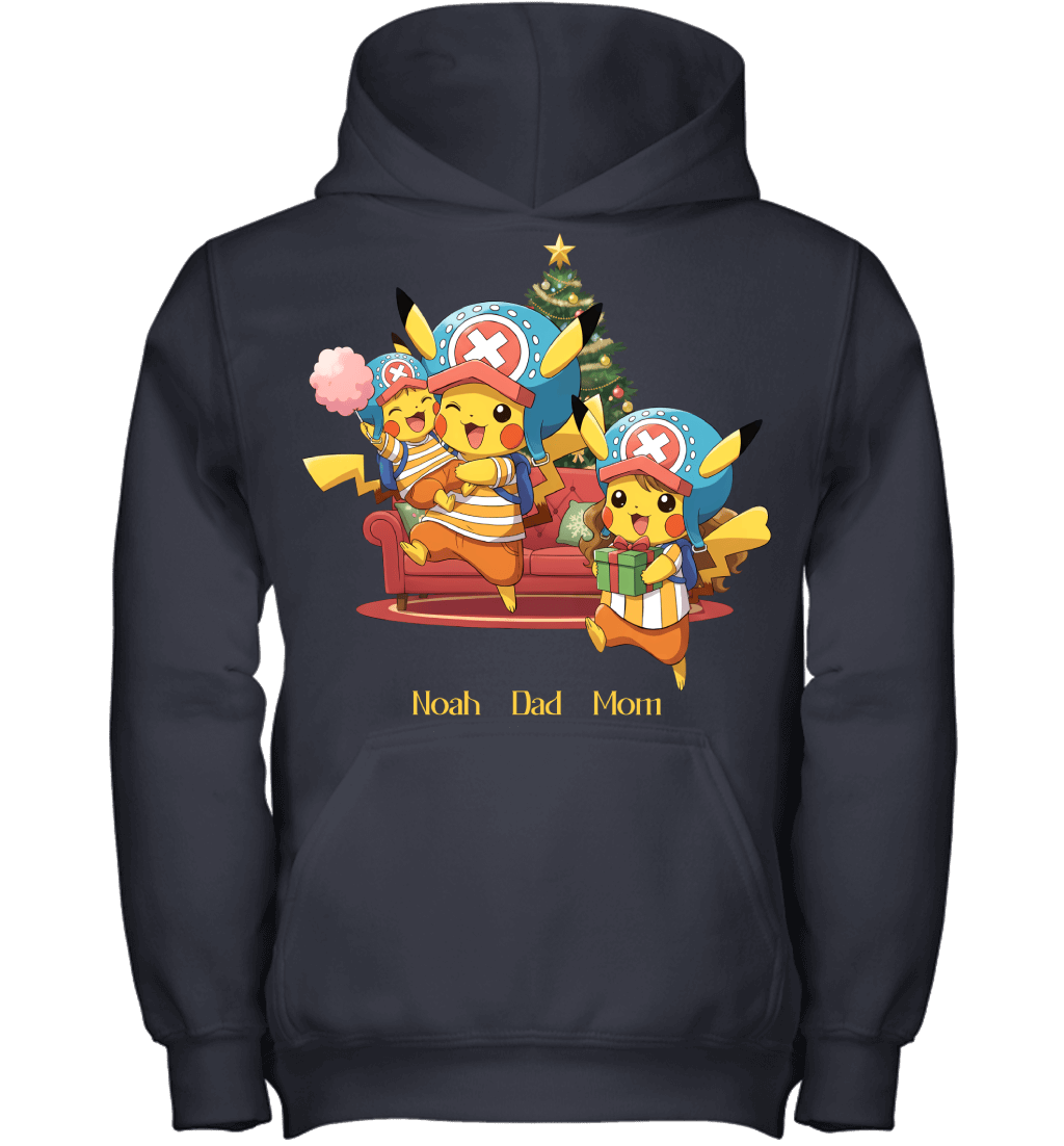 Pikachu x Chopper Parents & Son Custom Name Christmas T-Shirt for Family