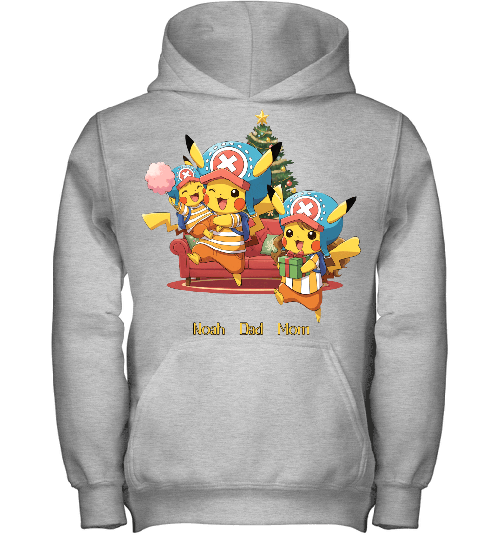 Pikachu x Chopper Parents & Son Custom Name Christmas T-Shirt for Family