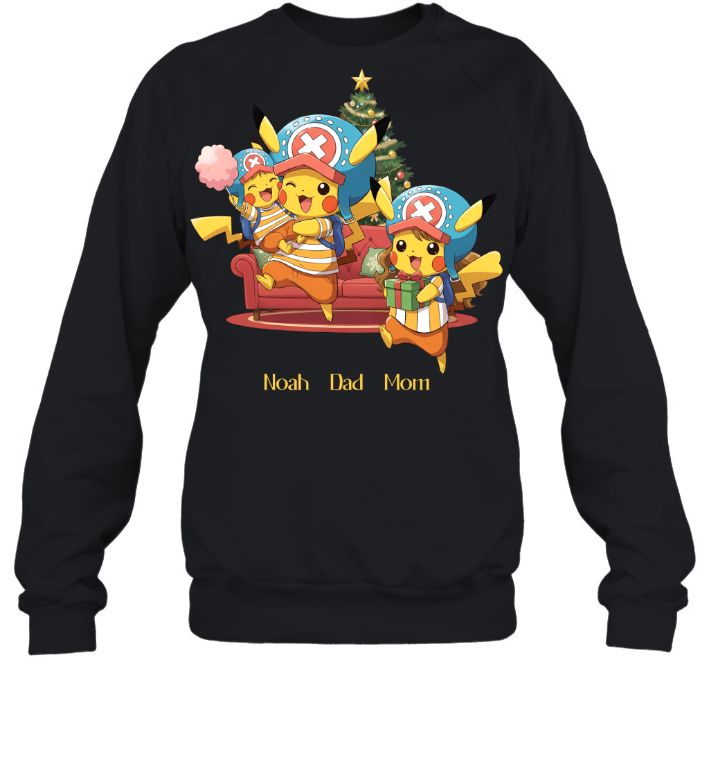 Pikachu x Chopper Parents & Son Custom Name Christmas T-Shirt for Family