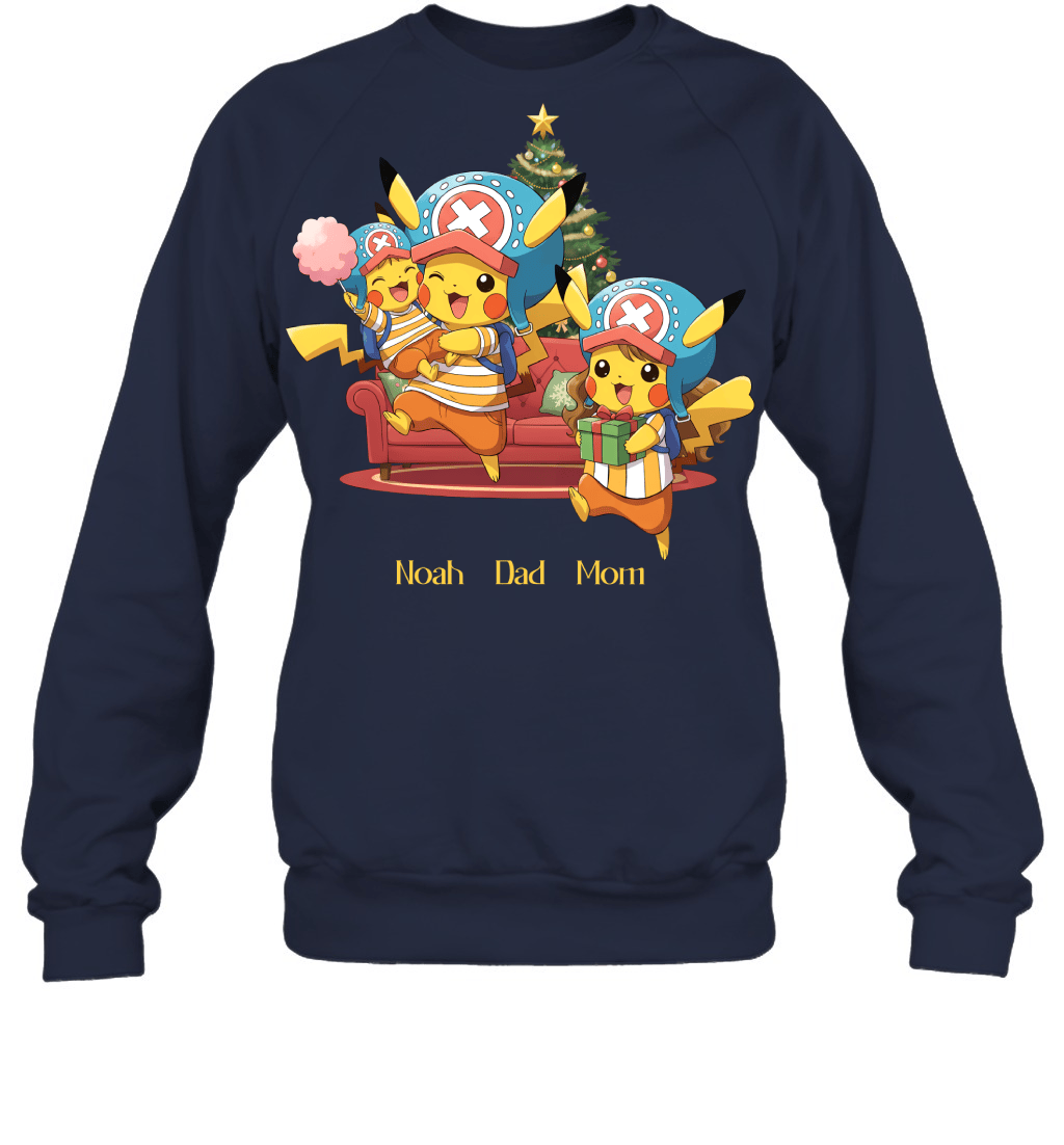 Pikachu x Chopper Parents & Son Custom Name Christmas T-Shirt for Family