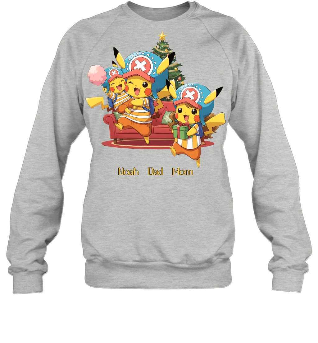 Pikachu x Chopper Parents & Son Custom Name Christmas T-Shirt for Family