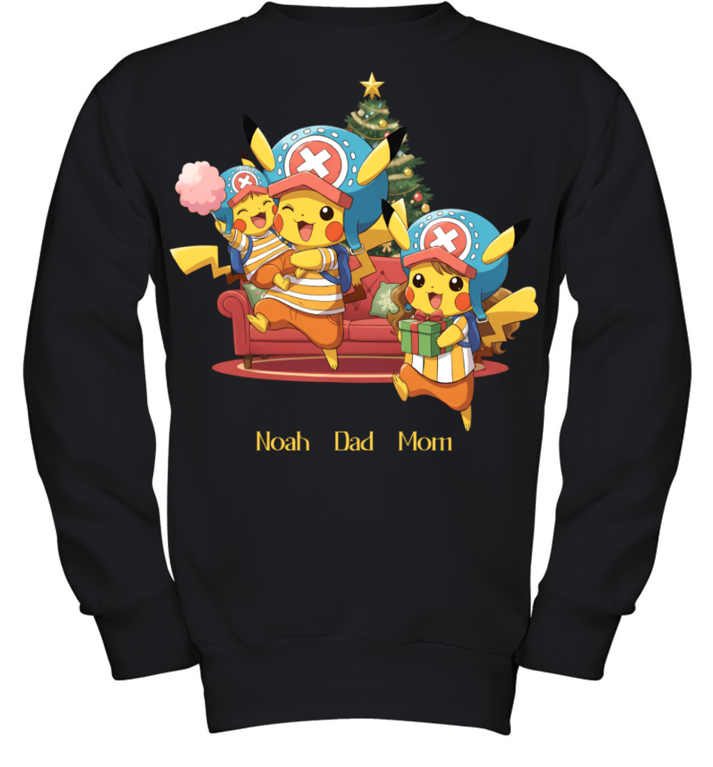 Pikachu x Chopper Parents & Son Custom Name Christmas T-Shirt for Family