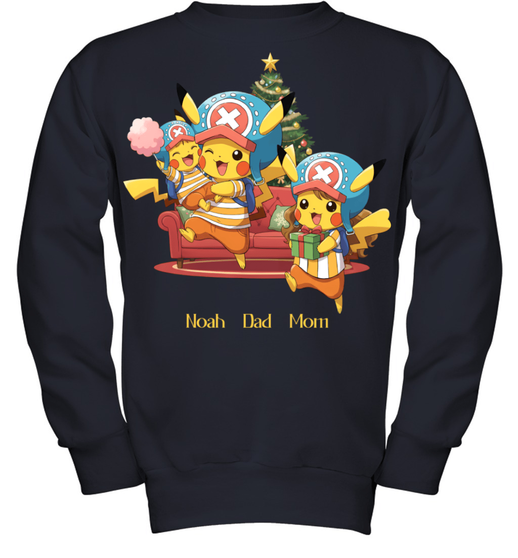 Pikachu x Chopper Parents & Son Custom Name Christmas T-Shirt for Family
