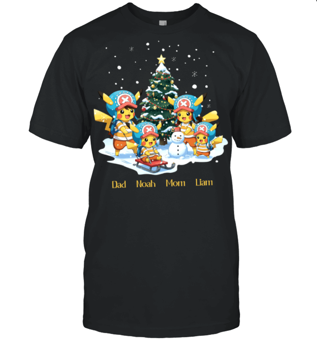 Pikachu x Chopper Parents & Sons Custom Name Christmas T-Shirt for Family
