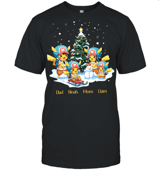 Pikachu x Chopper Parents & Sons Custom Name Christmas T-Shirt for Family