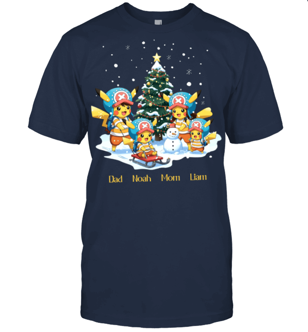 Pikachu x Chopper Parents & Sons Custom Name Christmas T-Shirt for Family