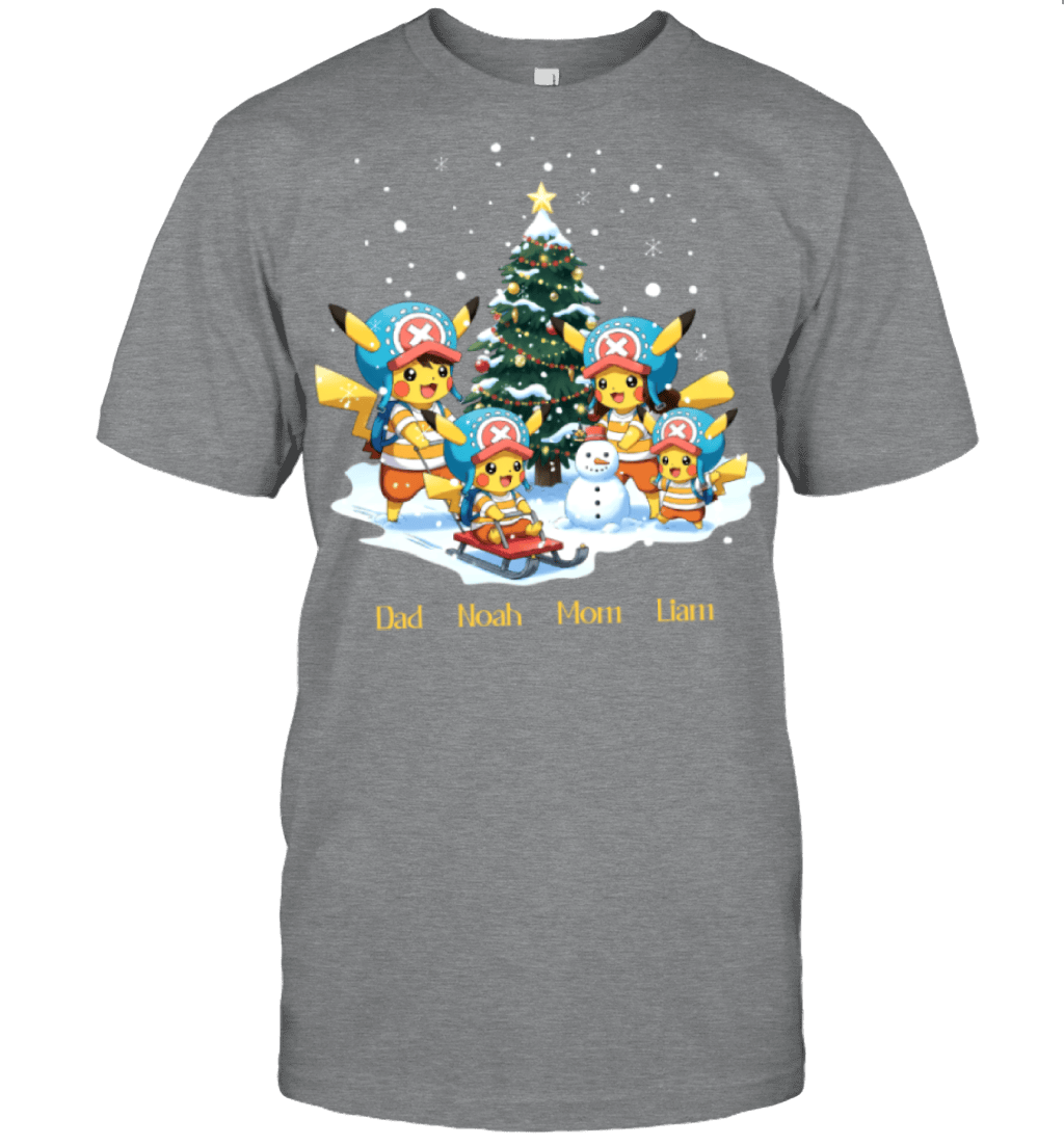 Pikachu x Chopper Parents & Sons Custom Name Christmas T-Shirt for Family