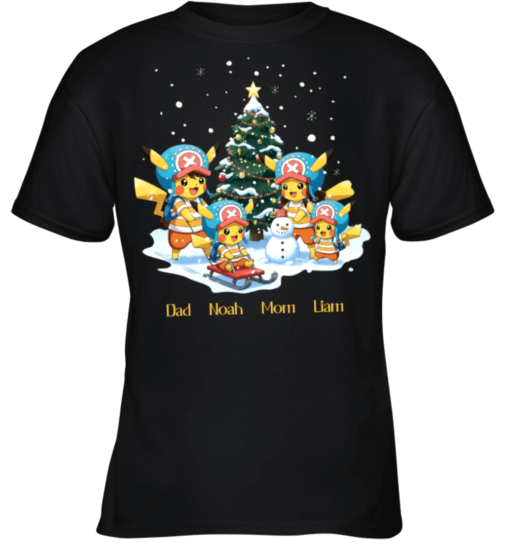 Pikachu x Chopper Parents & Sons Custom Name Christmas T-Shirt for Family