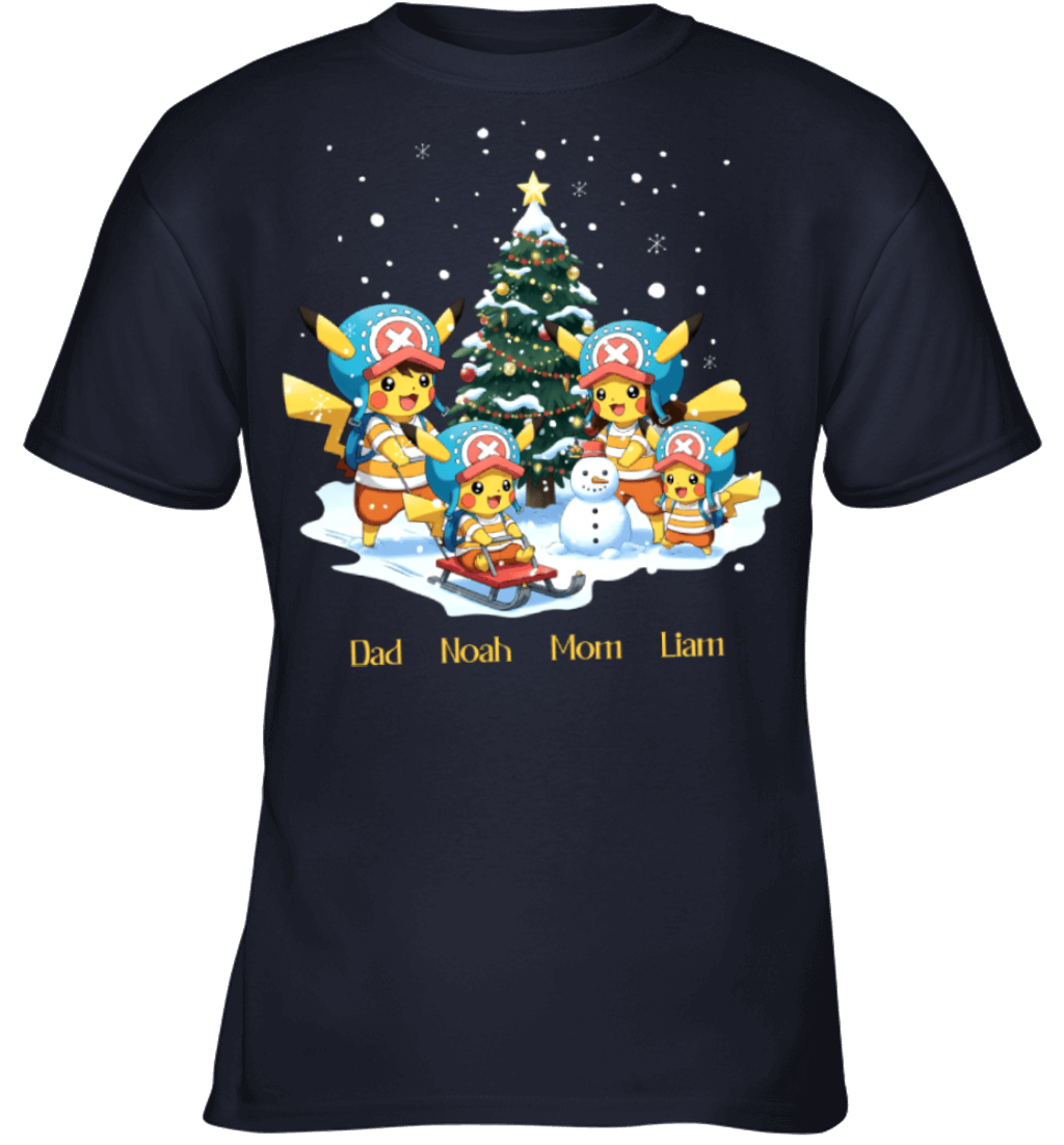 Pikachu x Chopper Parents & Sons Custom Name Christmas T-Shirt for Family