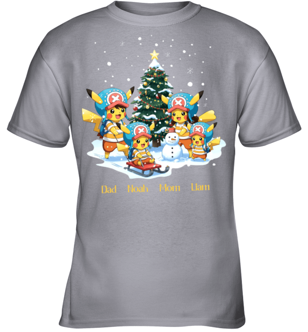 Pikachu x Chopper Parents & Sons Custom Name Christmas T-Shirt for Family