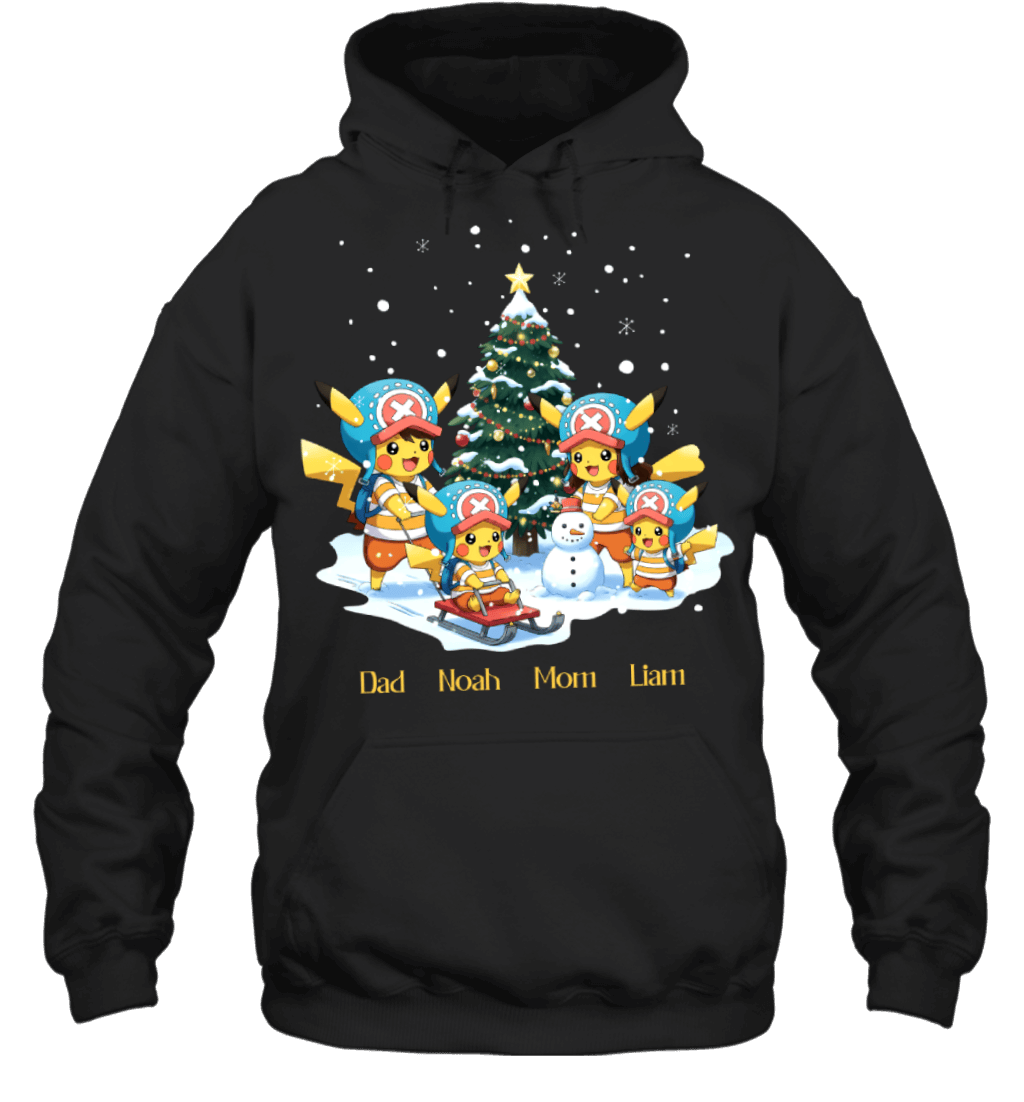 Pikachu x Chopper Parents & Sons Custom Name Christmas T-Shirt for Family