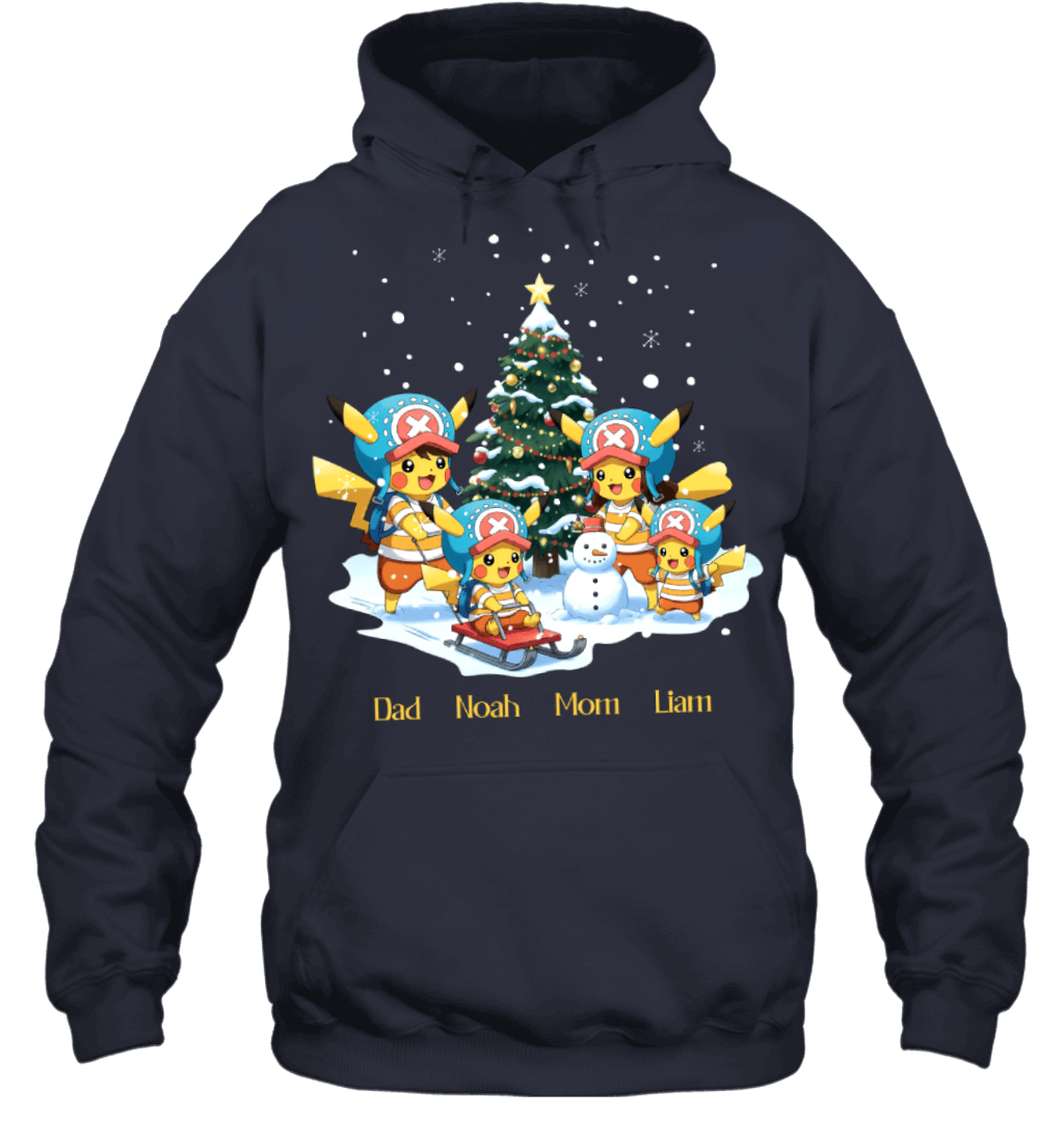 Pikachu x Chopper Parents & Sons Custom Name Christmas T-Shirt for Family