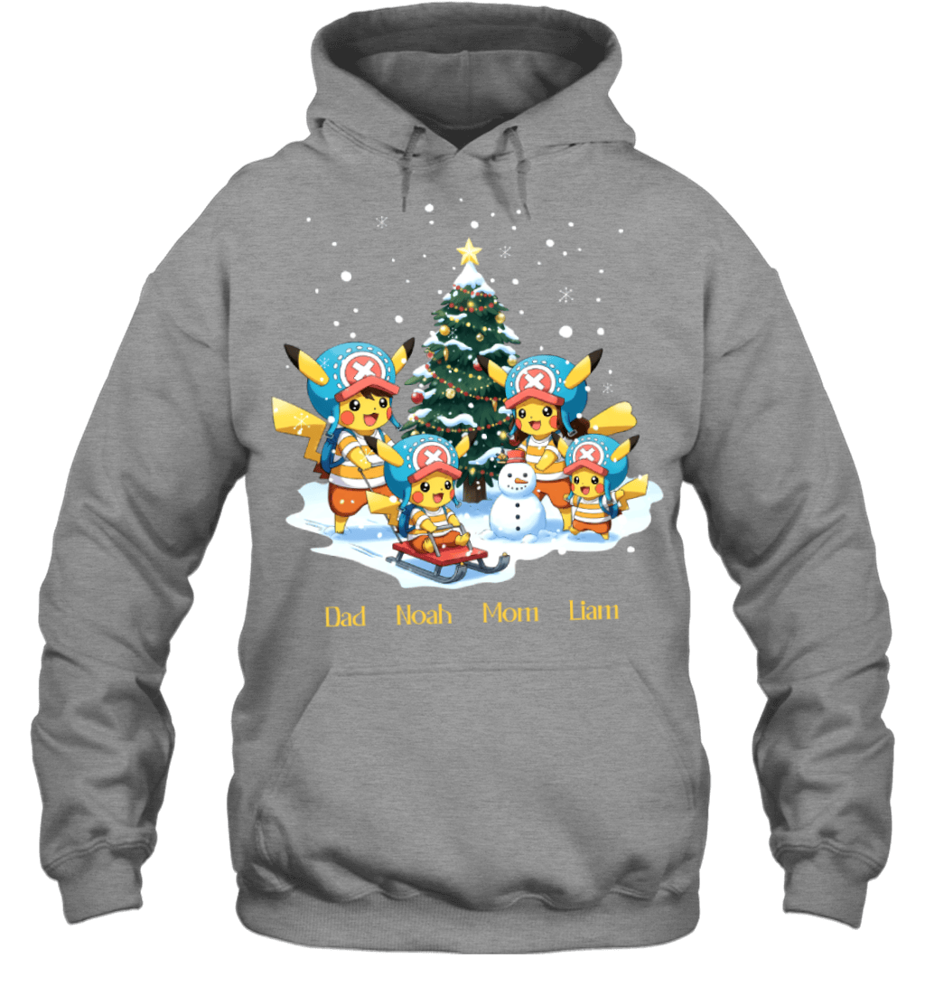 Pikachu x Chopper Parents & Sons Custom Name Christmas T-Shirt for Family