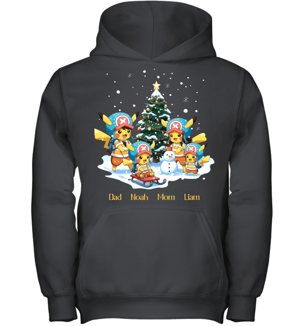 Pikachu x Chopper Parents & Sons Custom Name Christmas T-Shirt for Family