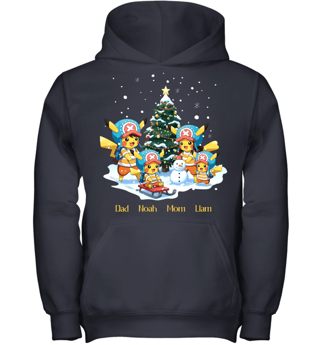 Pikachu x Chopper Parents & Sons Custom Name Christmas T-Shirt for Family