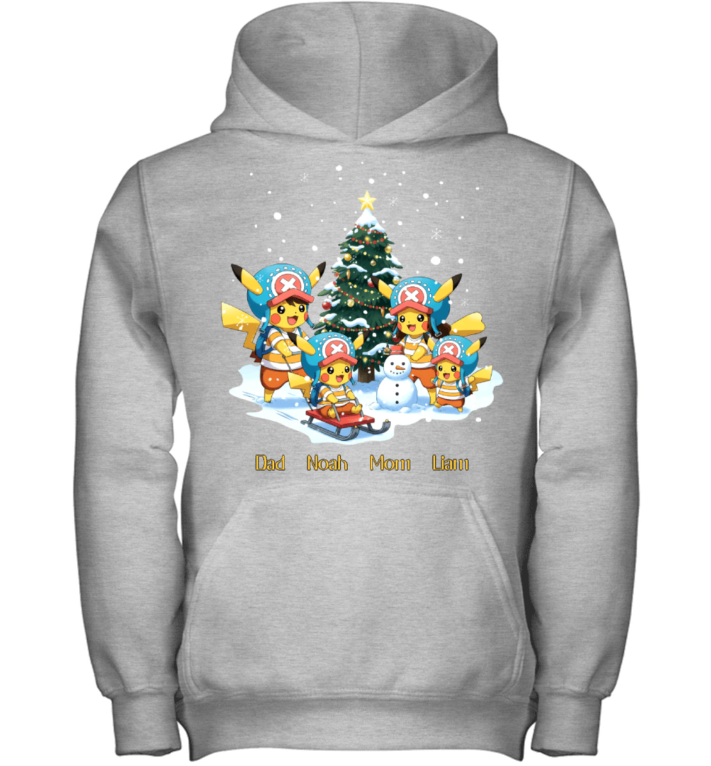 Pikachu x Chopper Parents & Sons Custom Name Christmas T-Shirt for Family