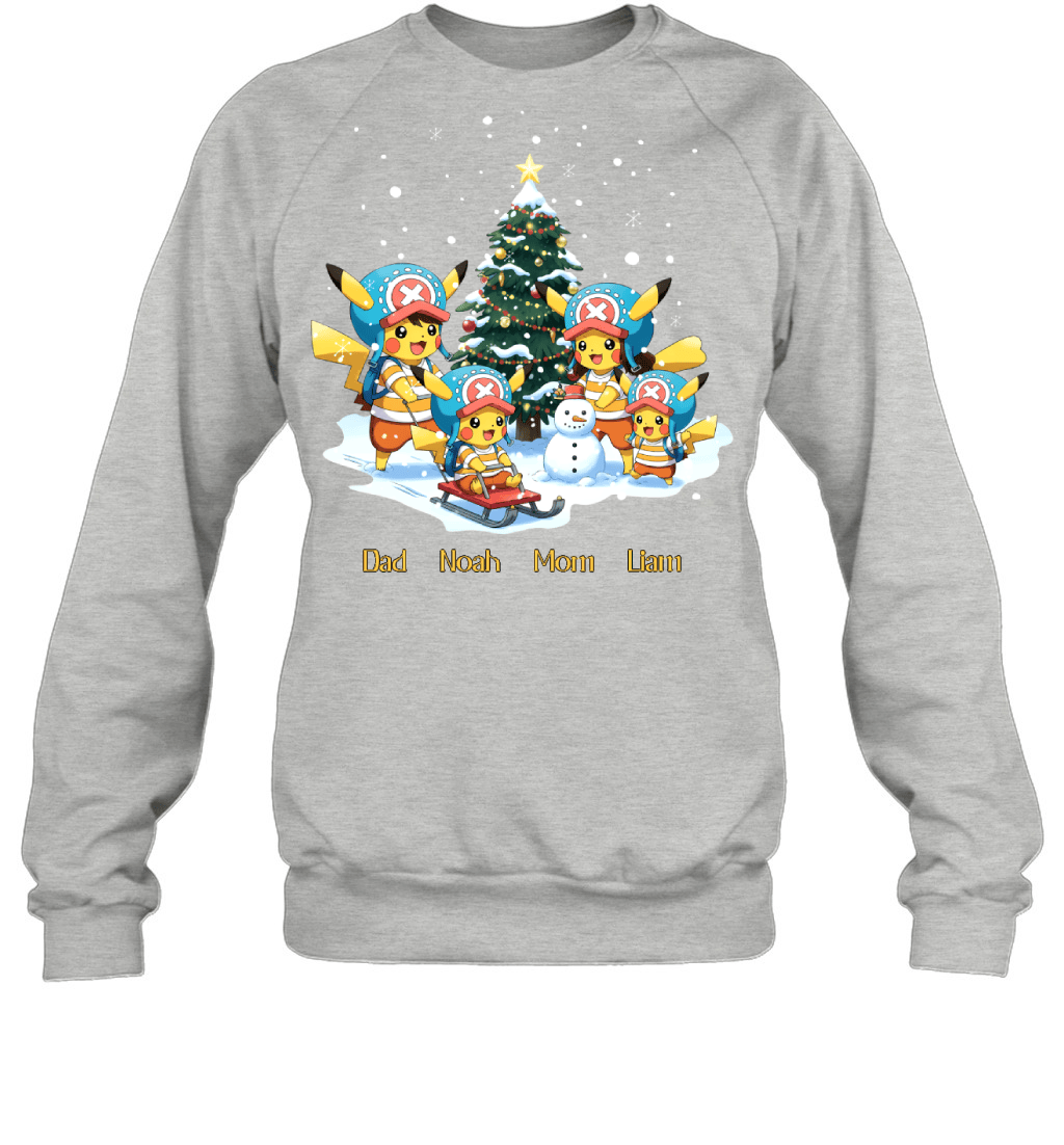 Pikachu x Chopper Parents & Sons Custom Name Christmas T-Shirt for Family