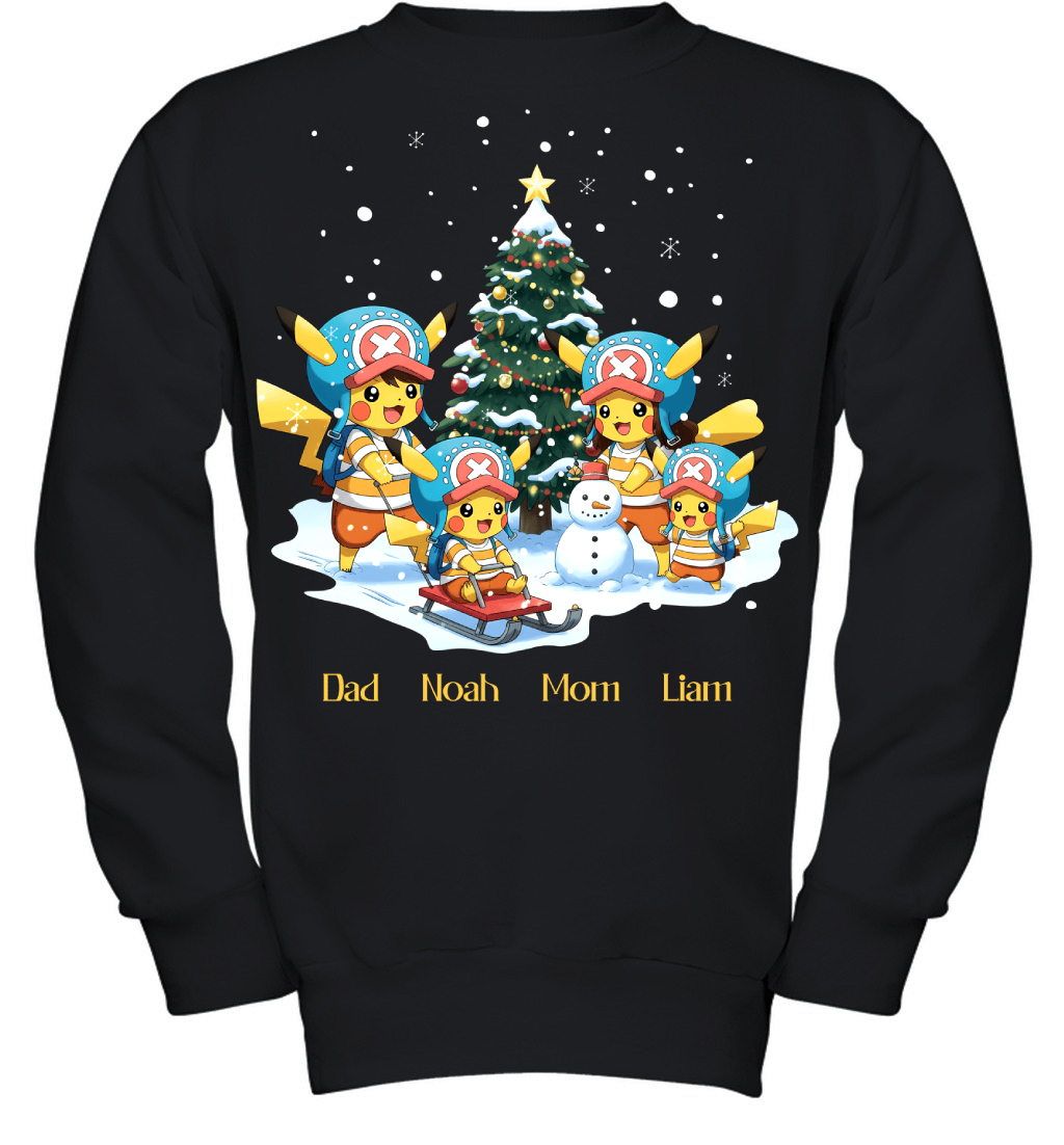 Pikachu x Chopper Parents & Sons Custom Name Christmas T-Shirt for Family